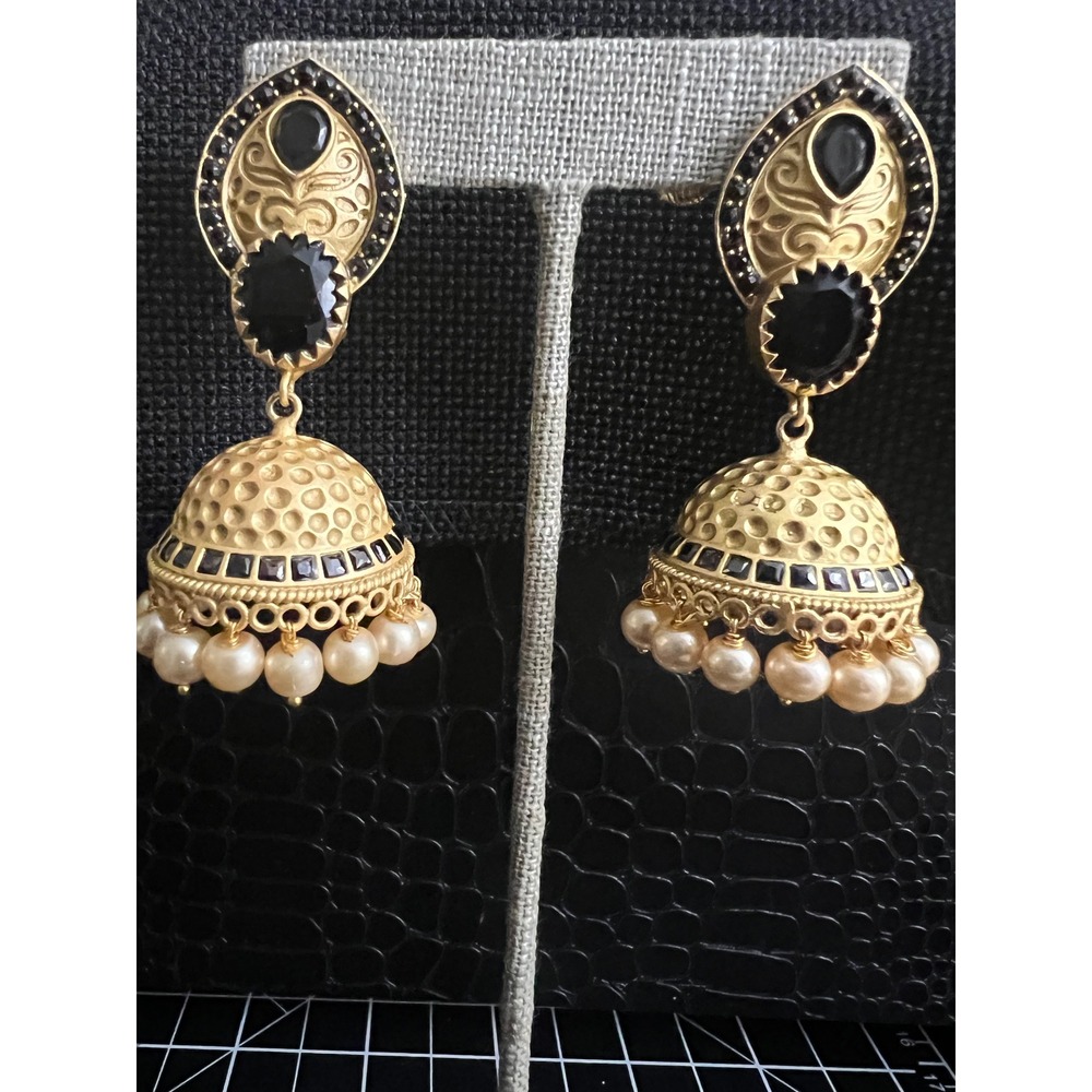 Gold Tone Black Stone Faux Pearl Jhumka Drop Earrings Size 2.75" Regal Aesthetic